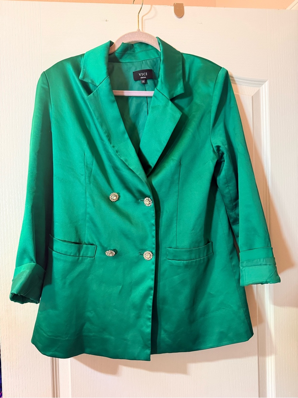 VICI Emerald Green Satin Double Breasted Jeweled Blazer Small
